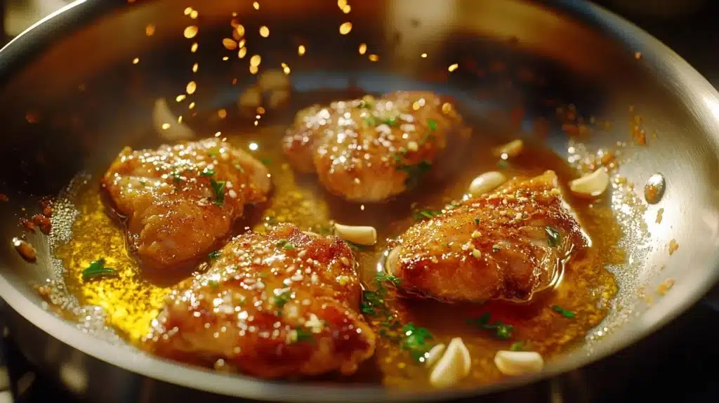 High-angle view of chicken thighs frying in a stainless steel pan with golden oil, garlic cloves, herbs, and a crispy texture forming