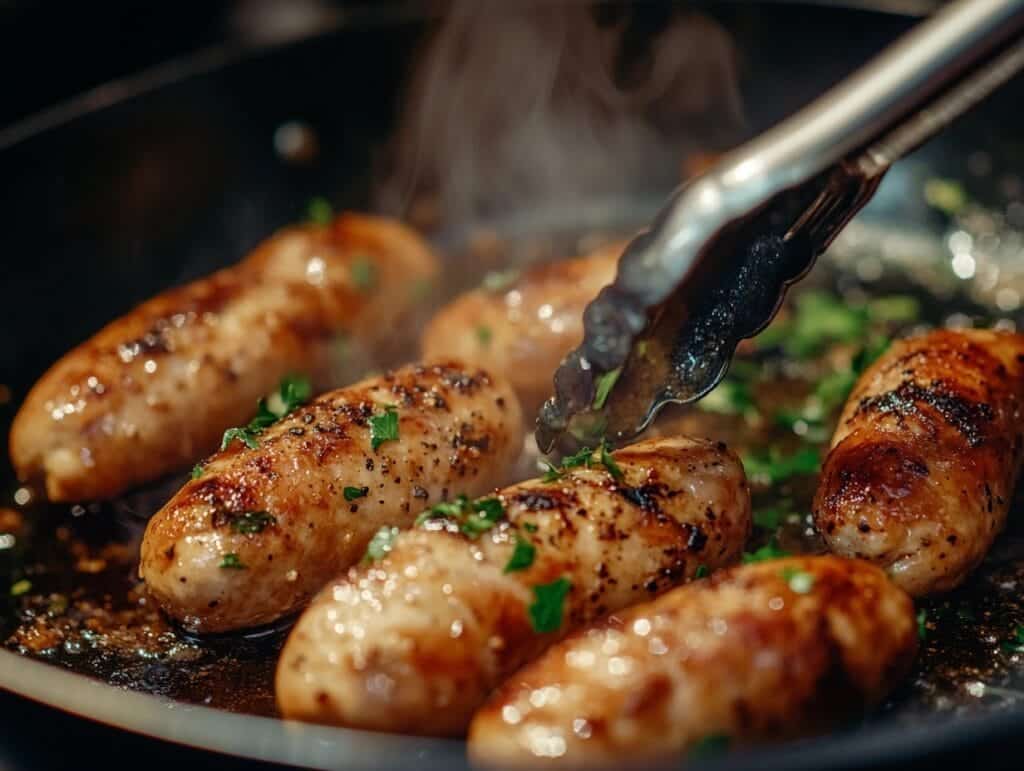 Chicken sausages sizzling in a non-stick pan on medium heat, golden brown with steam rising and tongs turning them