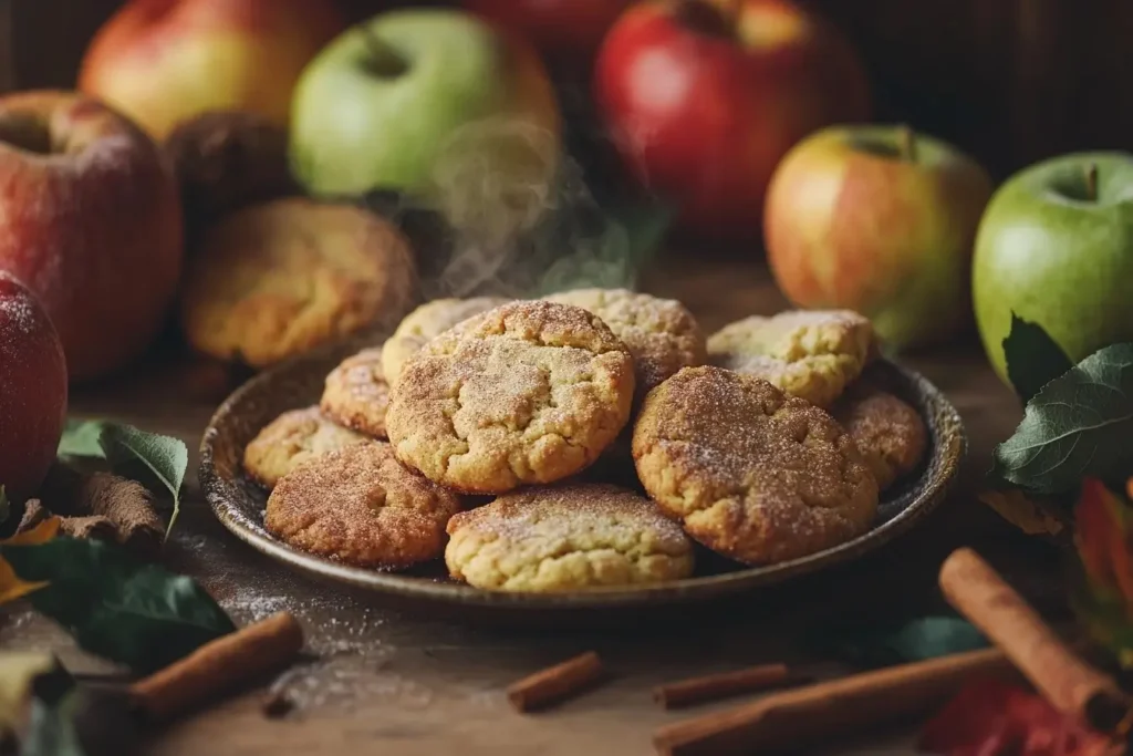 A rustic kitchen scene with a plate of golden brown apple cookies, surrounded by fresh apples, cinnamon sticks, and a cozy fall-themed backdrop