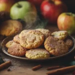 A rustic kitchen scene with a plate of golden brown apple cookies, surrounded by fresh apples, cinnamon sticks, and a cozy fall-themed backdrop