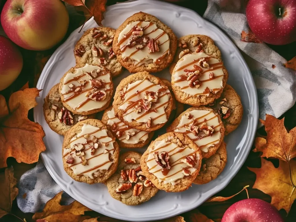 An assortment of apple cookies on a white platter, featuring vegan, gluten-free, and spiced varieties, decorated with cream cheese frosting, caramel drizzle, and chopped nuts