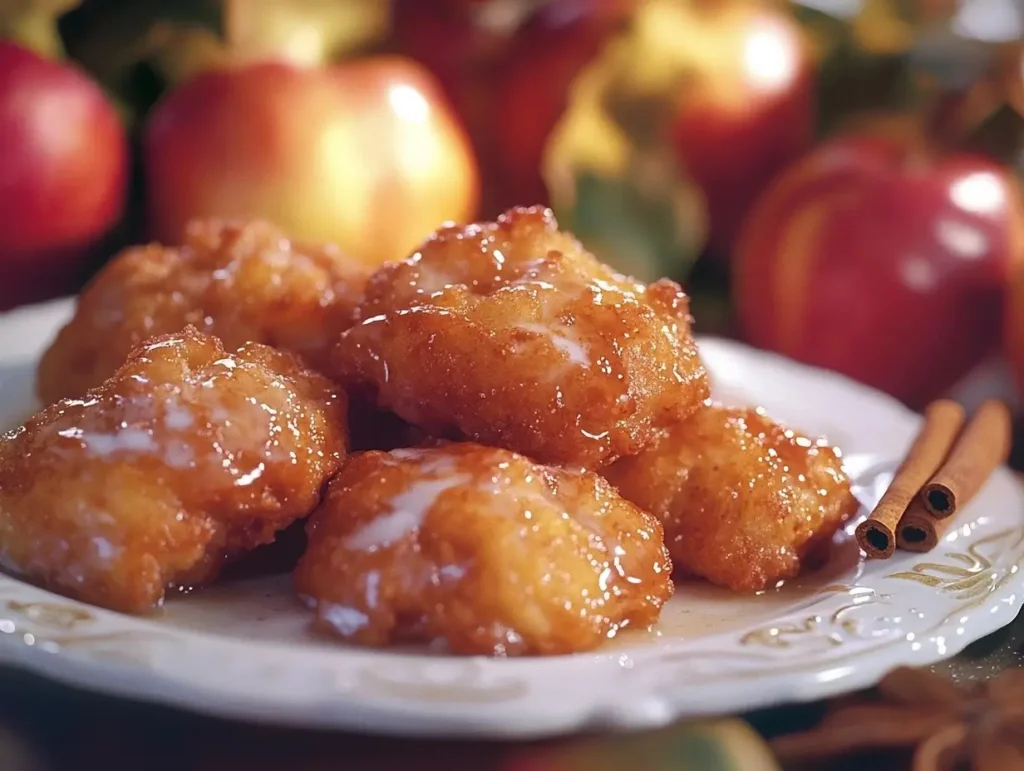 Golden, crispy apple fritters on a white plate, glazed and surrounded by fresh apples and cinnamon sticks.