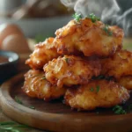 Golden-brown fritters stacked on a rustic plate, garnished with fresh herbs and a small bowl of dipping sauce, with baking soda and batter ingredients in the background.