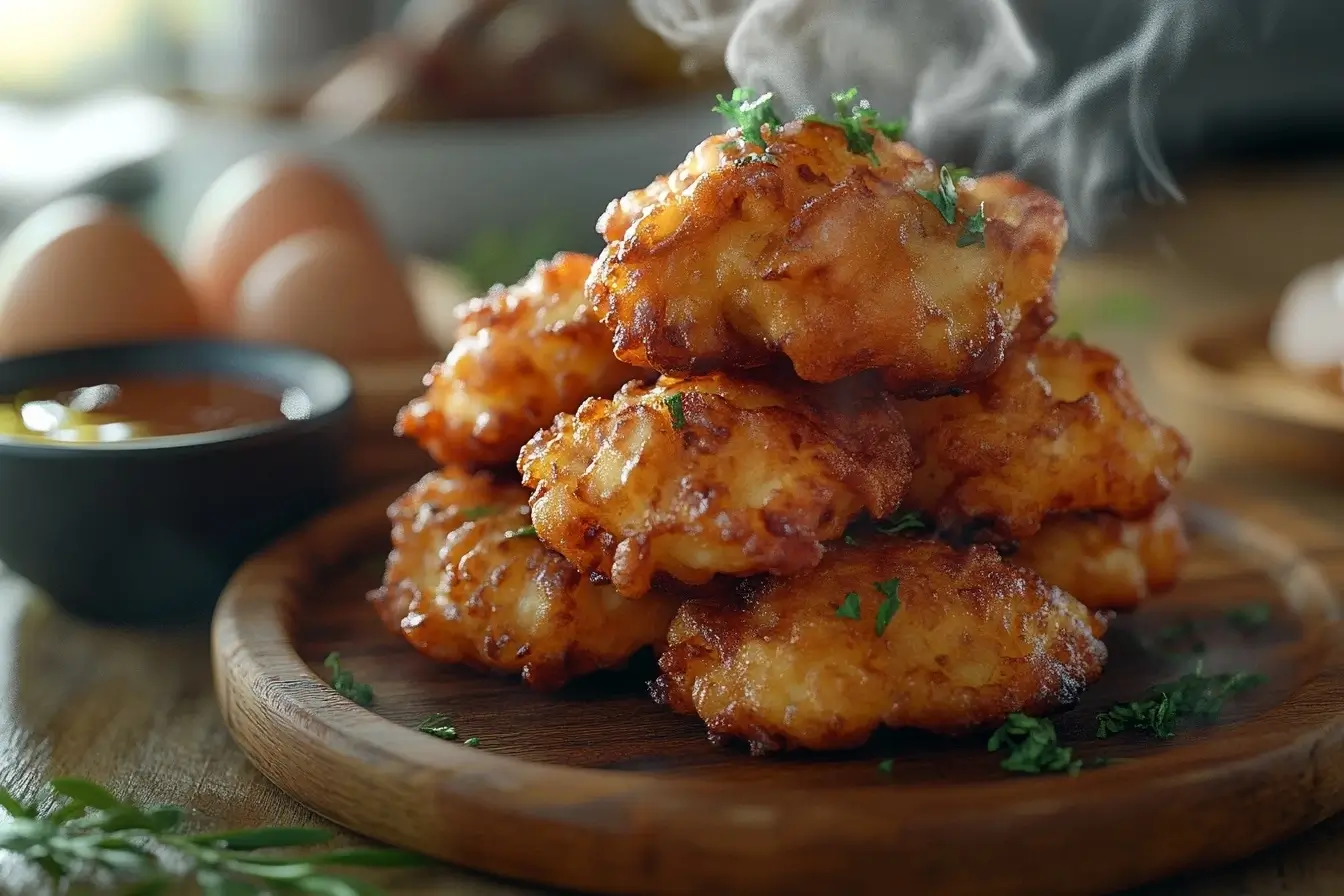 Golden-brown fritters stacked on a rustic plate, garnished with fresh herbs and a small bowl of dipping sauce, with baking soda and batter ingredients in the background.