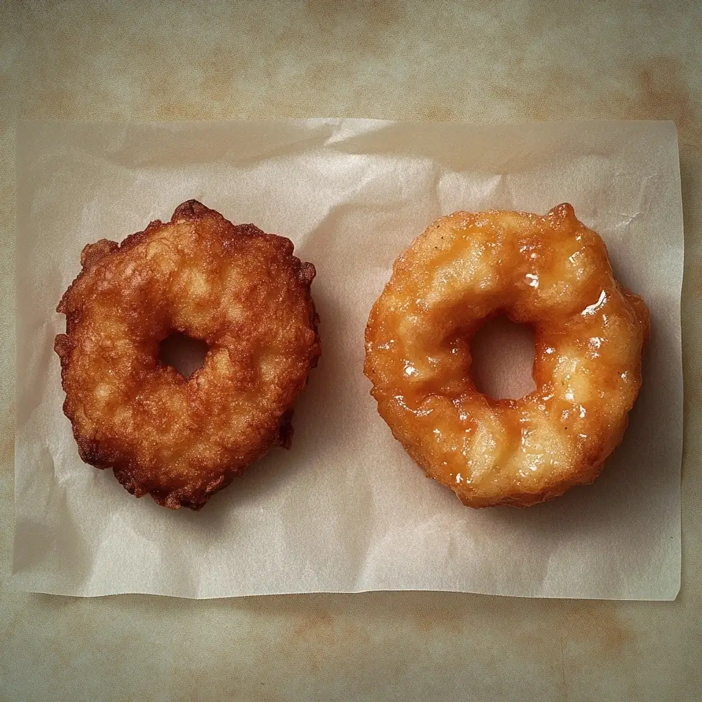 Two apple fritters side by side: one crispy and golden, the other soggy and greasy, placed on parchment paper