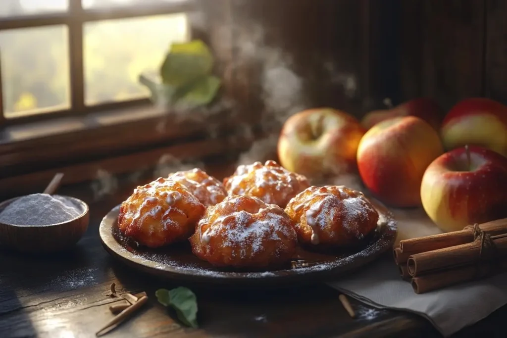 Golden baked apple fritters drizzled with sugar glaze, arranged on a rustic table with fresh apples, cinnamon sticks, and a kitchen towel