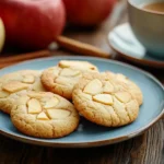 Golden brown apple cookies on a rustic plate with cinnamon sticks and apples in the background, creating a warm and inviting scene