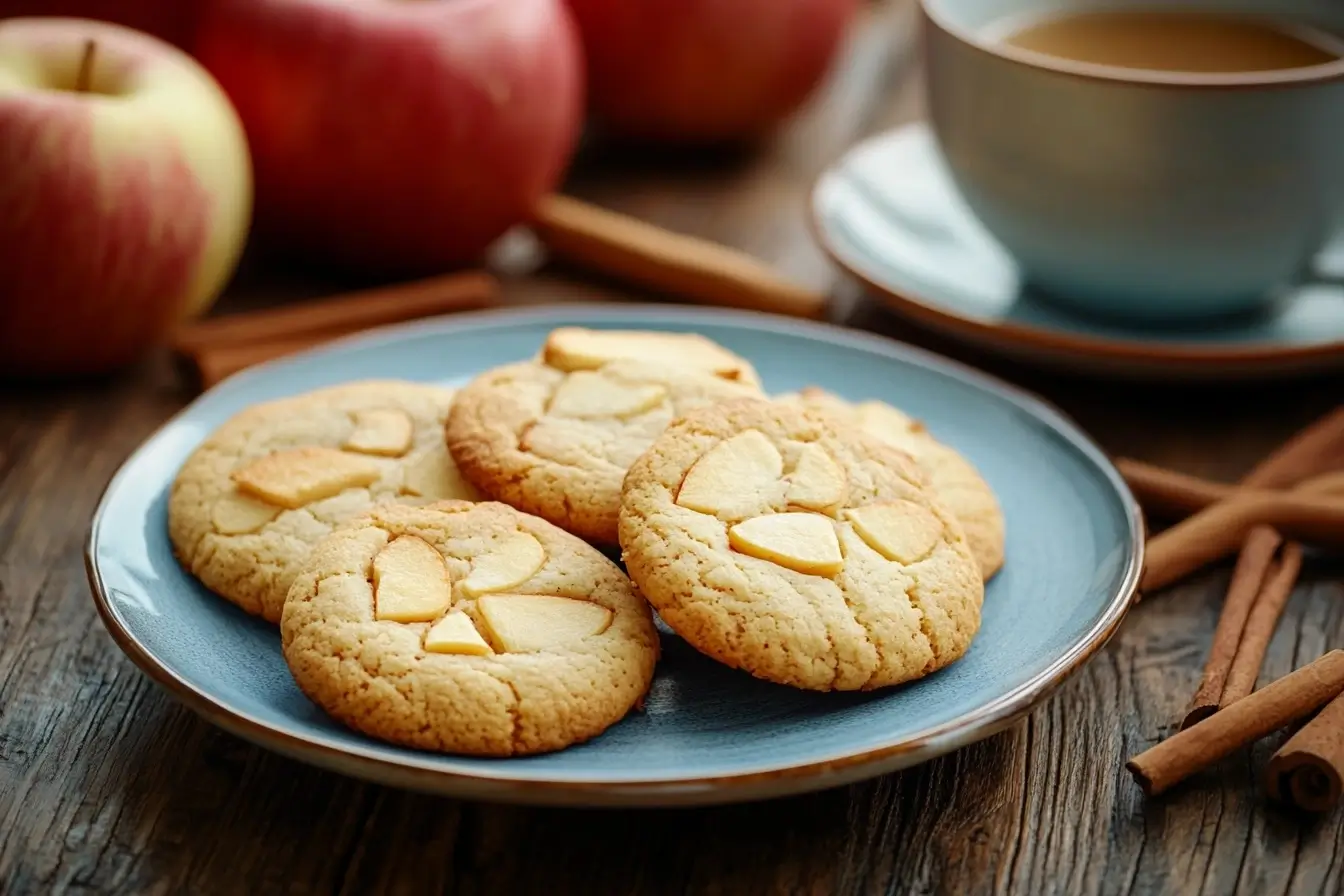 Golden brown apple cookies on a rustic plate with cinnamon sticks and apples in the background, creating a warm and inviting scene