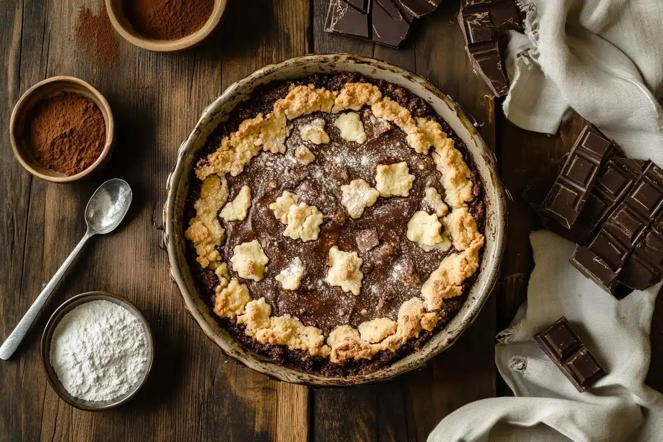 A beautifully styled chocolate cobbler in a rustic ceramic baking dish, with a golden crust and gooey chocolate edges, surrounded by baking ingredients on a wooden table.