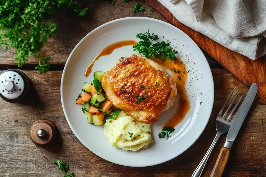 Golden-brown boneless chicken thigh on a white plate with mashed potatoes, sautéed vegetables, and fresh parsley garnish