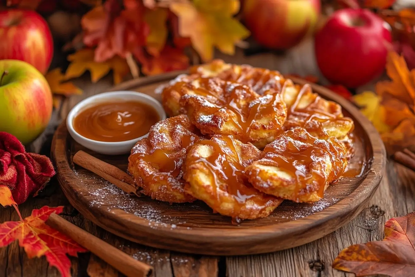 A platter of golden-brown baked apple fritters, dusted with powdered sugar, surrounded by apples, cinnamon sticks, and fall leaves