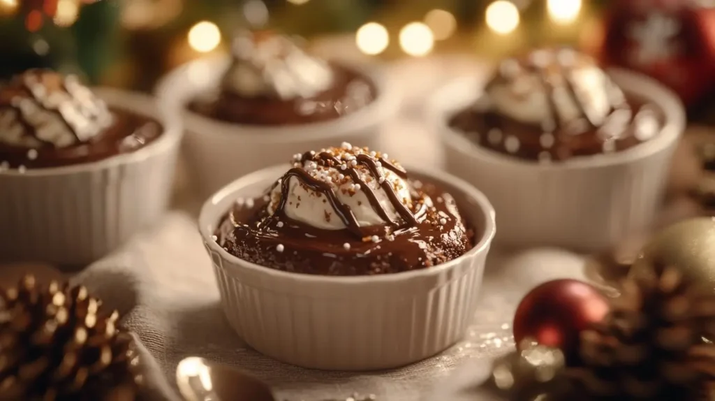 Individual servings of chocolate cobbler in ramekins, decorated with sprinkles, chocolate drizzle, and festive elements on a holiday-themed table