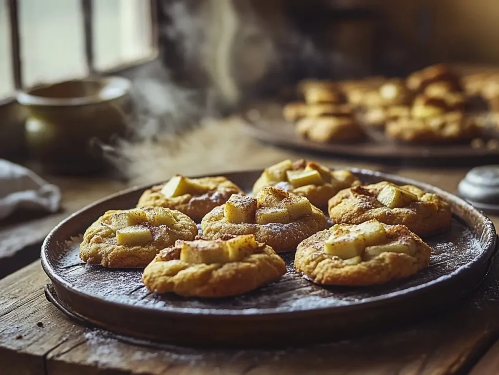 A tray of freshly baked golden brown apple cookies with chunks of fresh apple, sprinkled with cinnamon and sugar, on a rustic wooden table with steam rising gently