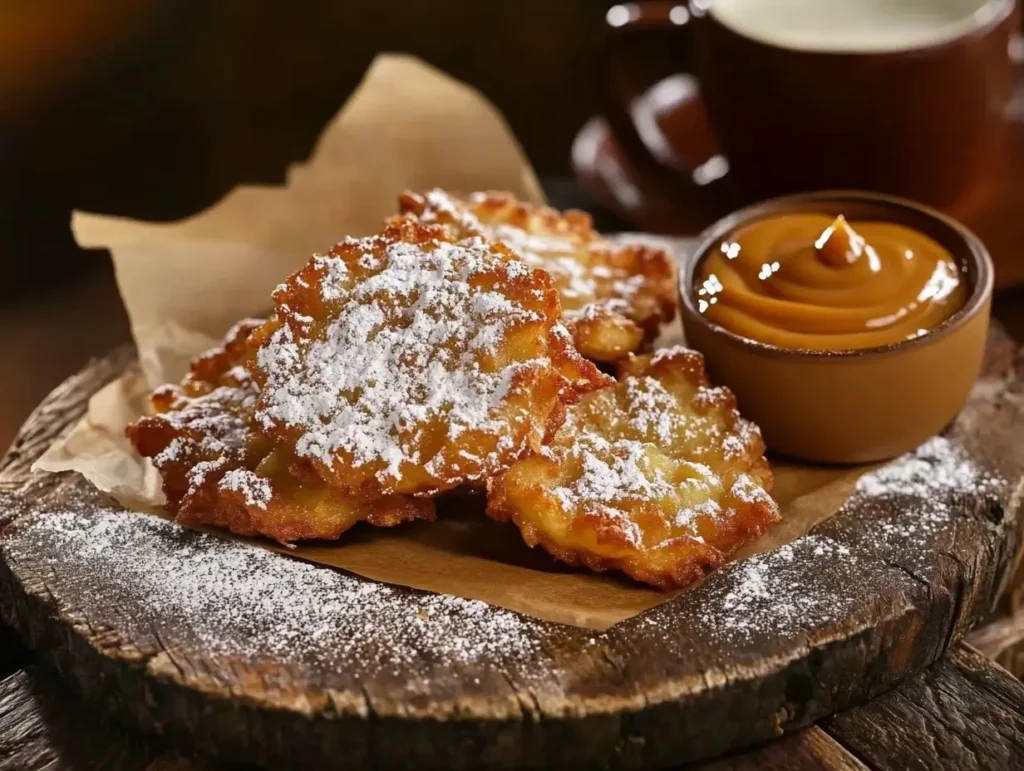 Golden-brown baked apple fritters on a rustic wooden platter, dusted with powdered sugar and served with caramel sauce