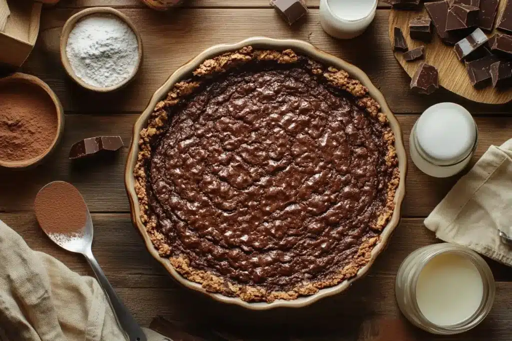 Rustic chocolate cobbler with a crisp crust and gooey chocolate sauce surrounded by ingredients on a wooden table