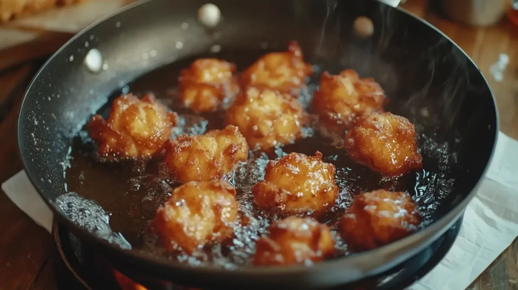 Freshly fried fritters sizzling in a black frying pan filled with hot oil, golden-brown with a crispy texture, on a rustic wooden backdrop.