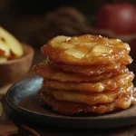 Stack of golden apple fritters drizzled with glaze, surrounded by apple slices and cinnamon sugar in a cozy kitchen setting