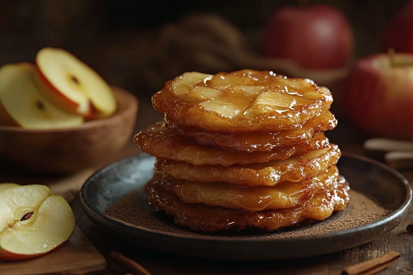 Stack of golden apple fritters drizzled with glaze, surrounded by apple slices and cinnamon sugar in a cozy kitchen setting