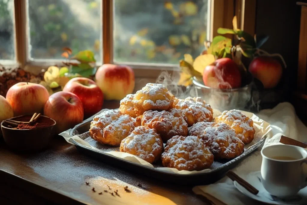 A tray of baked apple fritters dusted with powdered sugar, surrounded by apples and a cup of coffee in a sunlit kitchen.