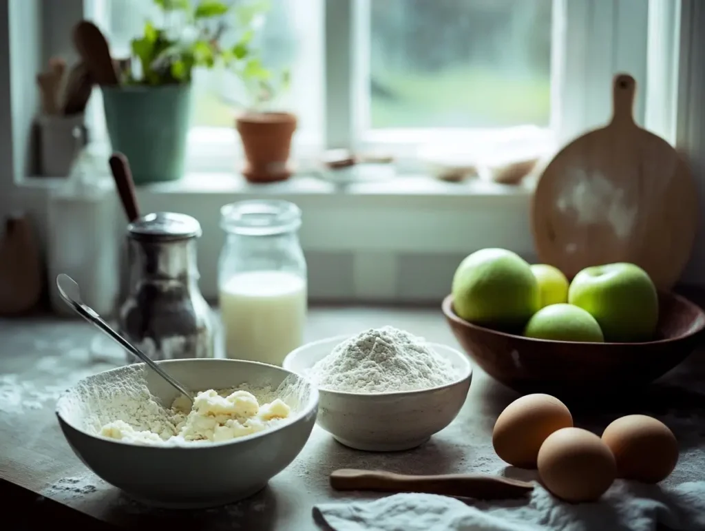 Fresh apples, flour, sugar, cinnamon, eggs, and milk neatly arranged on a kitchen countertop for baking apple fritters