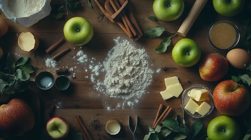 An artfully arranged flat lay of ingredients for apple cookies: fresh green and red apples, flour, cinnamon sticks, brown sugar, butter, and eggs on a wooden countertop