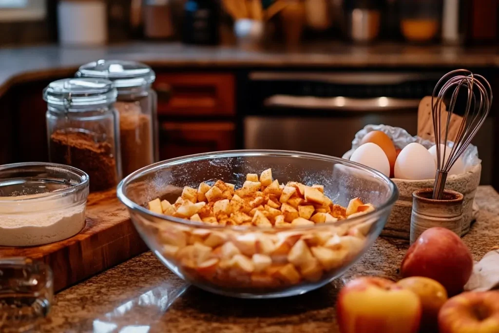  Ingredients for baked apple fritters neatly arranged on a kitchen counter, including diced apples, flour, sugar, cinnamon, eggs, and a whisk