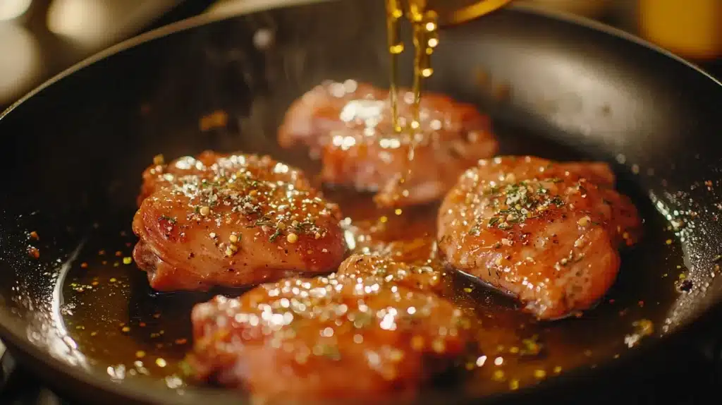 Close-up of marinated boneless chicken thighs being placed into a hot frying pan with detailed seasoning and glistening oil