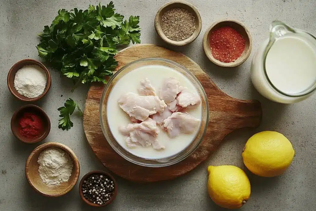 Top-down view of raw chicken soaking in milk with spices and a milk jug