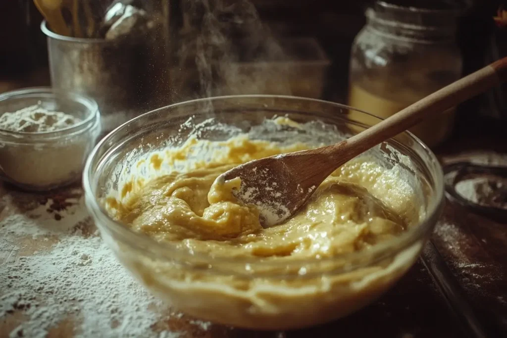 A wooden spoon stirring golden batter in a glass bowl, with flour, baking soda, and spices visible, surrounded by baking tools on a rustic kitchen counter