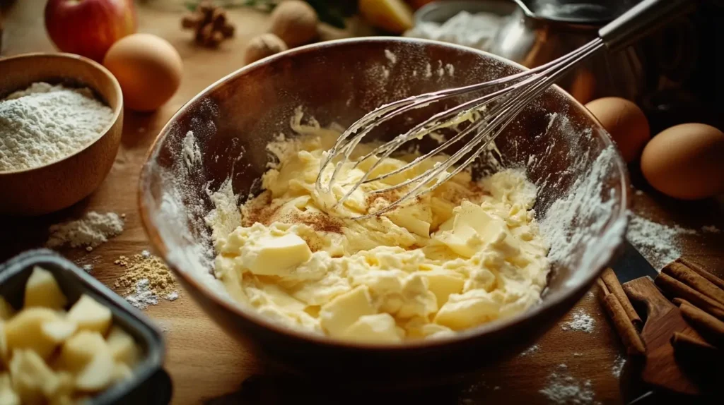 A bowl of creamed butter and sugar surrounded by flour, eggs, cinnamon, and diced apples on a rustic kitchen counter