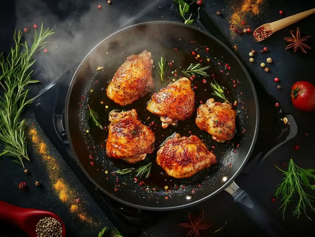 Golden-brown boneless chicken thighs sizzling in a non-stick frying pan, surrounded by spices and herbs, with steam rising