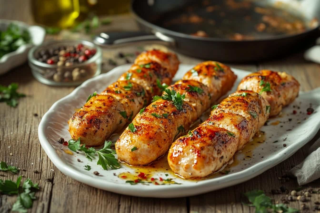 Golden-brown pan-fried chicken sausages on a white ceramic plate, garnished with parsley and surrounded by small bowls of seasoning