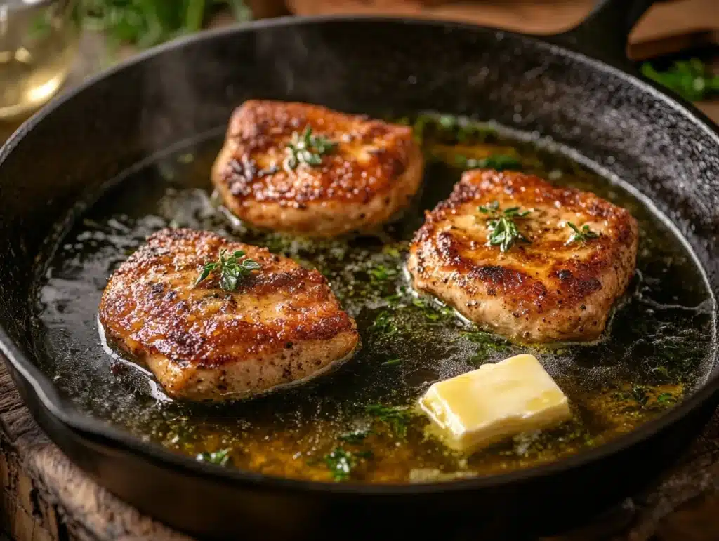 Close-up of a cast-iron skillet with chicken breasts sizzling in melted butter, golden brown crust forming, and a block of butter melting at the edge