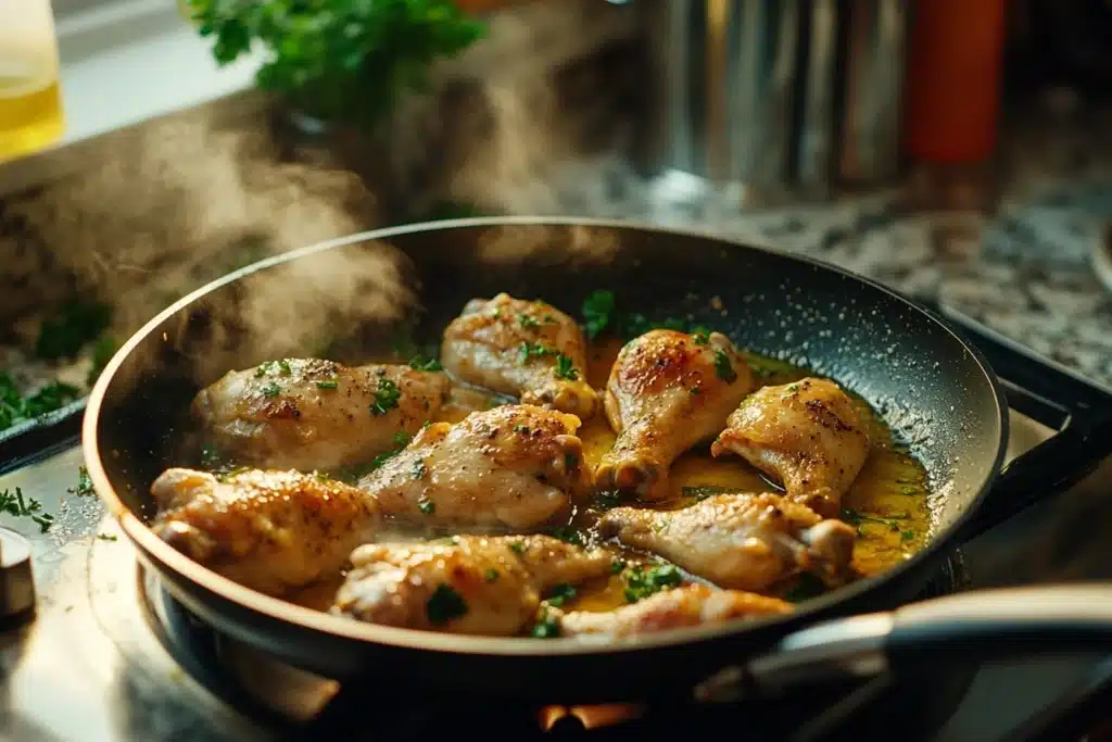 Chicken drumsticks being pan-fried in a blend of butter and oil, with steam rising, seasoning visible, and parsley sprinkled on top