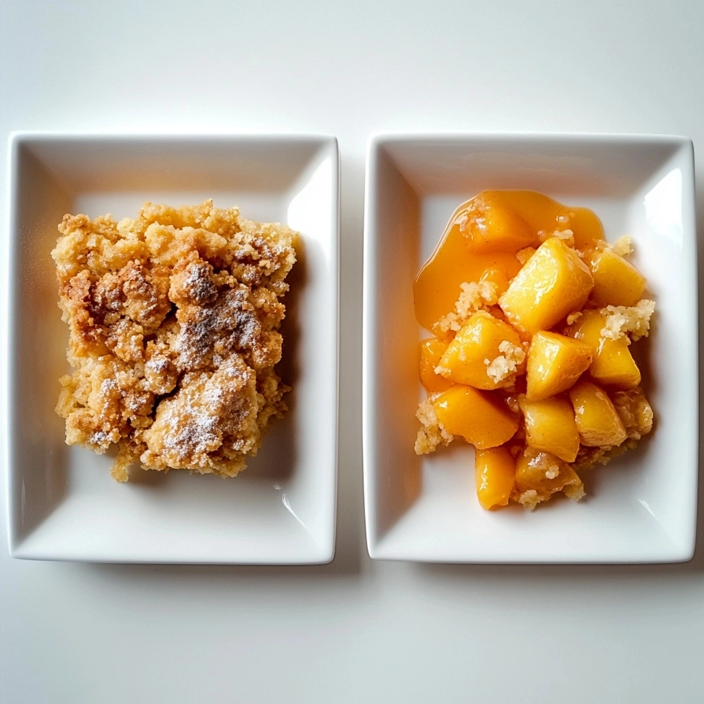 Side-by-side presentation of peach cobbler with biscuit topping and peach crumble with streusel topping on elegant plates against a white background