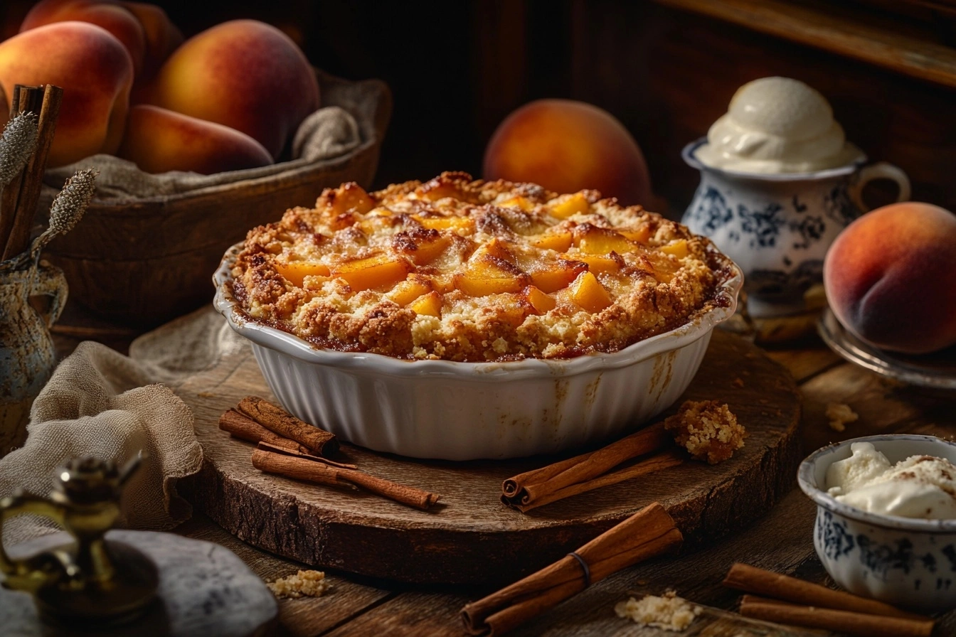 A beautifully arranged display of peach cobbler and peach crumble with fresh peaches, cinnamon sticks, and vanilla ice cream on a wooden table