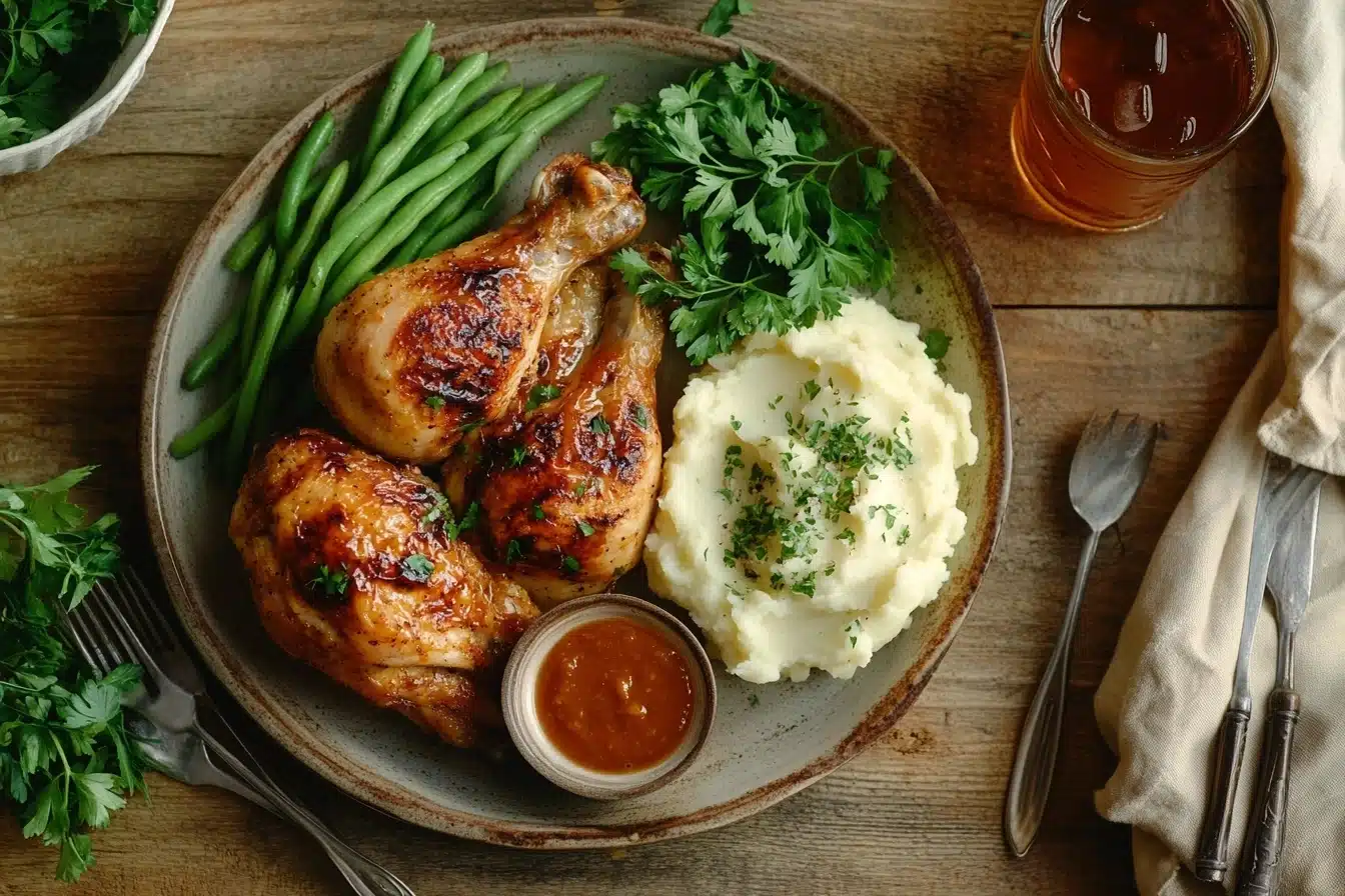 Golden, crispy pan-fried chicken breast on a white plate with mashed potatoes and parsley garnish, placed on a rustic wooden table