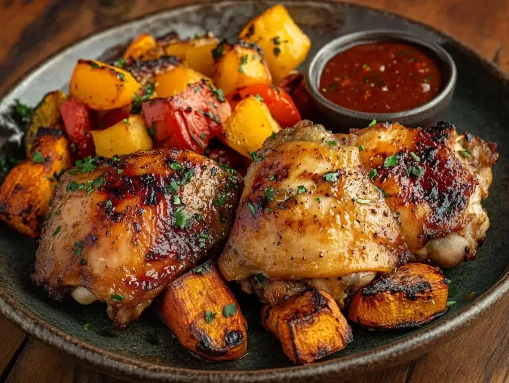 Beautifully plated pan-fried boneless chicken thighs with crispy edges, served with roasted vegetables and dipping sauce on a rustic table