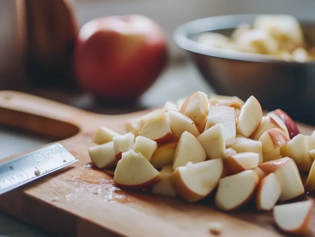 A bowl of creamed butter and sugar surrounded by flour, eggs, cinnamon, and diced apples on a rustic kitchen counter