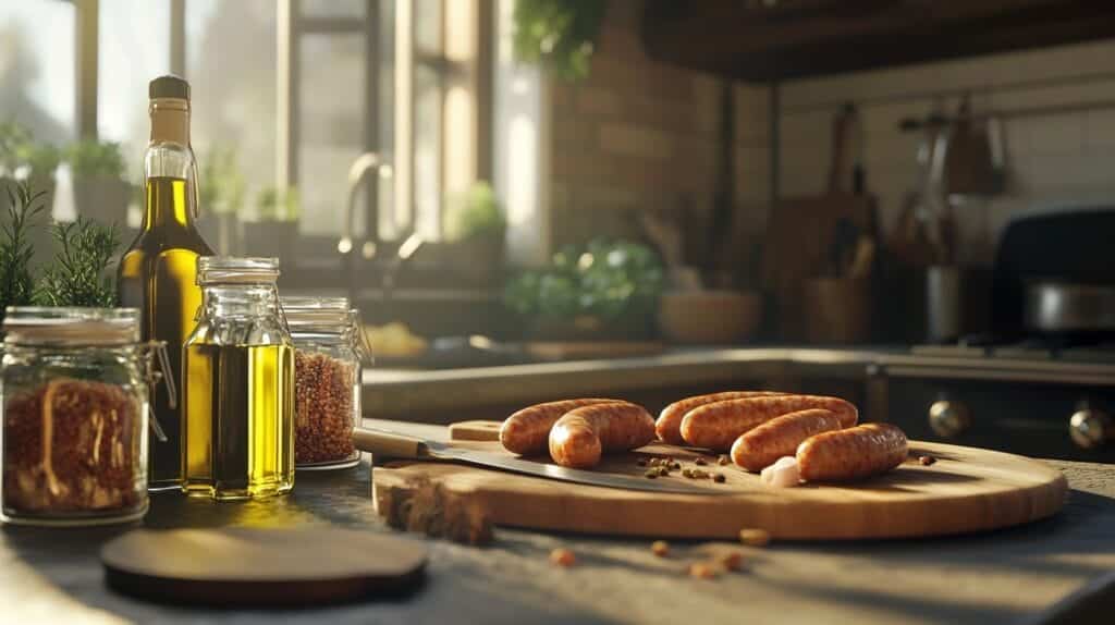 A kitchen countertop with fresh chicken sausages, a chef's knife, a wooden cutting board, olive oil, and seasoning jars in a modern kitchen