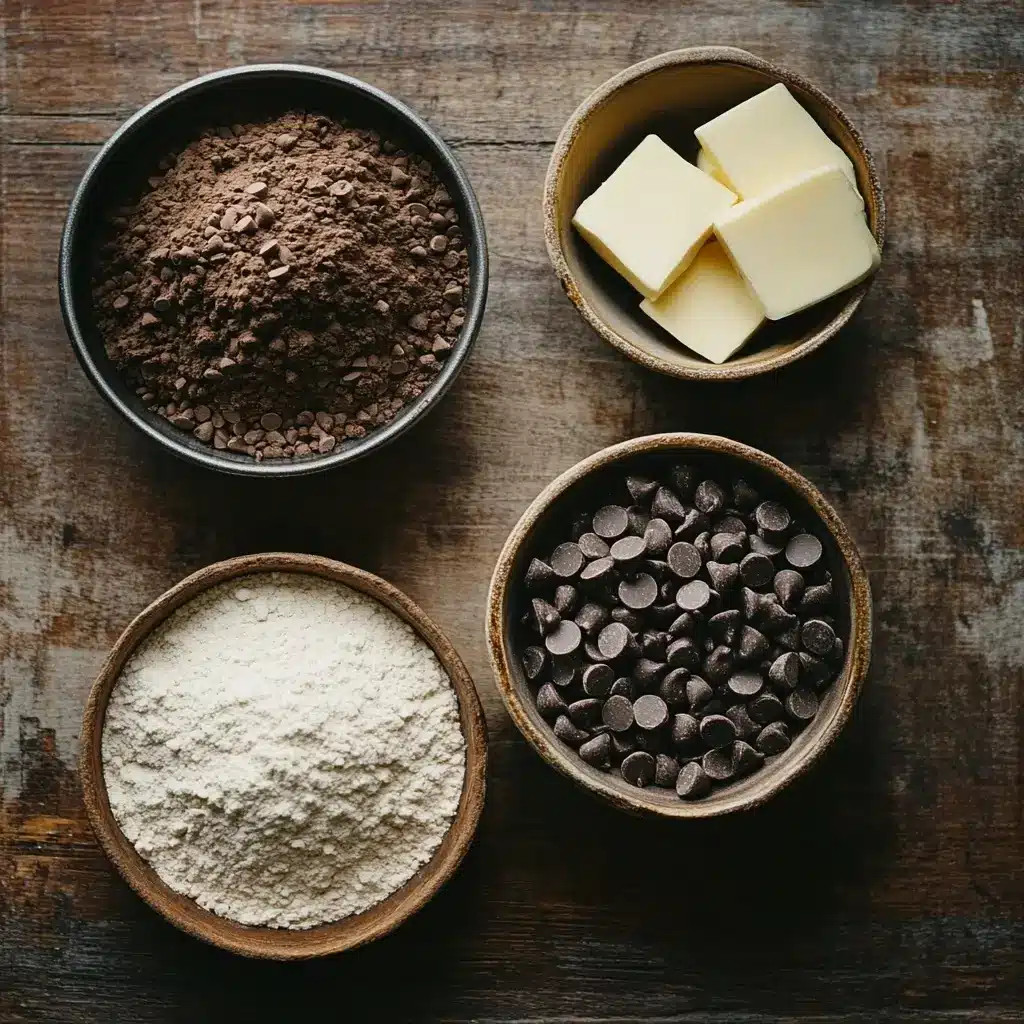 A flat-lay of ingredients like cocoa powder, sugar, flour, and milk arranged neatly on a wooden surface