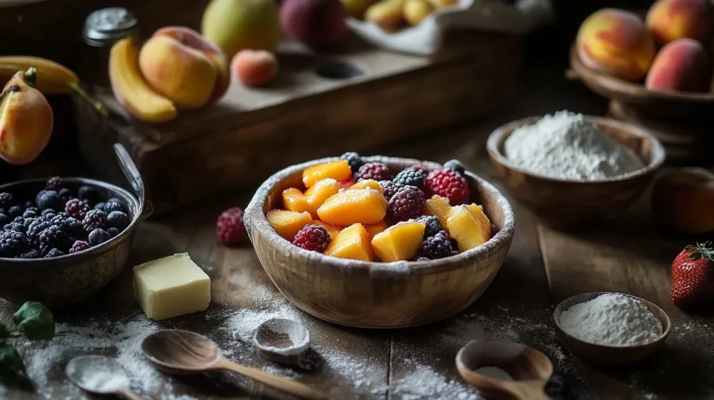 Fresh fruits like peaches and berries being prepared for cobbler with ingredients such as sugar, butter, and flour arranged on a rustic kitchen table