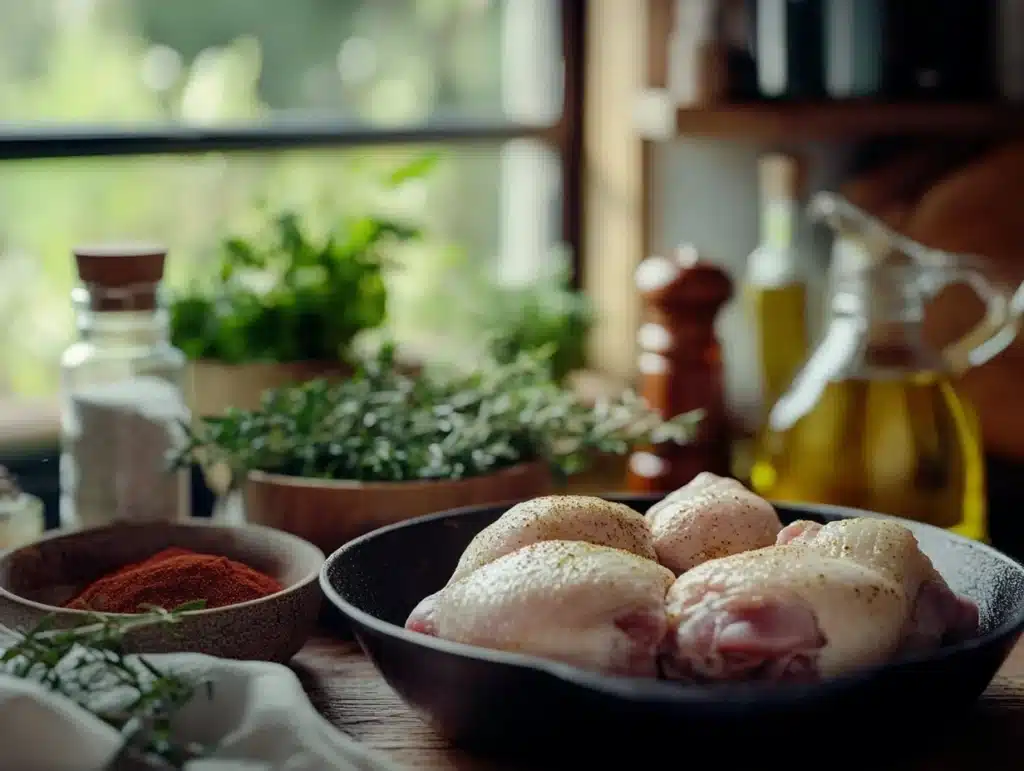 Fresh chicken thighs, bowls of flour and seasonings, a bottle of oil, and a cast-iron skillet in a cozy kitchen with natural light