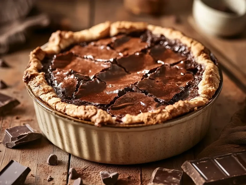 A freshly baked chocolate cobbler in a rustic ceramic dish with a bubbling gooey chocolate center and a golden crust, surrounded by chocolate pieces