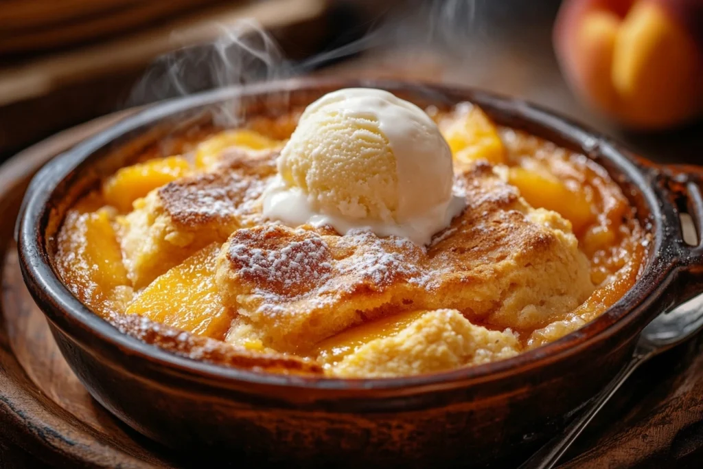 Peach cobbler in a rustic baking dish topped with golden, flaky biscuit dough and a scoop of vanilla ice cream, in a cozy kitchen setting