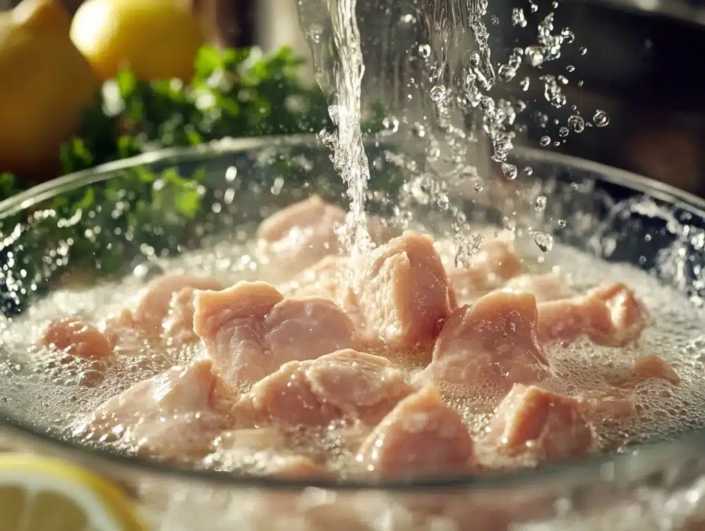 Close-up of raw chicken pieces soaking in milk, surrounded by spices.