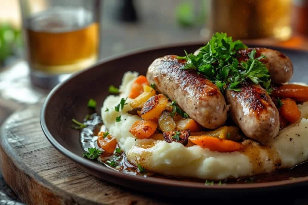 A beautifully plated dish of pan-fried chicken sausages with mashed potatoes, sautéed vegetables, and fresh parsley garnish on a rustic table