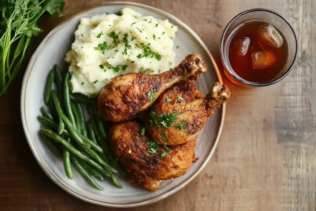 A beautifully plated pan-fried chicken on a rustic table with mashed potatoes, green beans, and dipping sauce, garnished with parsley