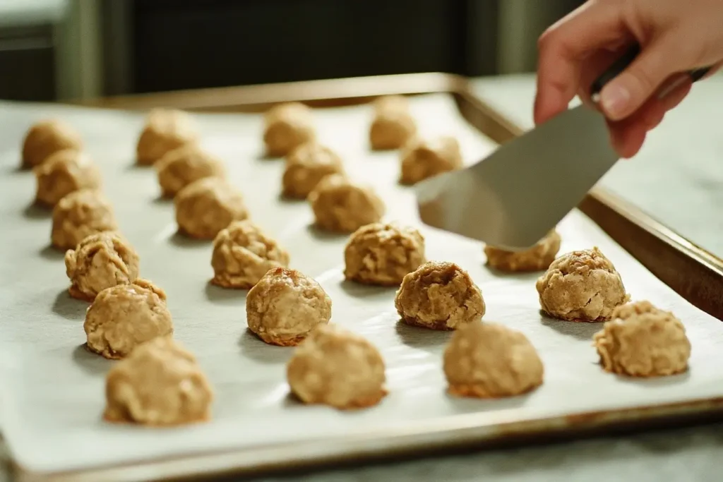 Rows of cookie dough balls placed on a parchment-lined baking tray, with a hand adjusting the cookies using a spatula