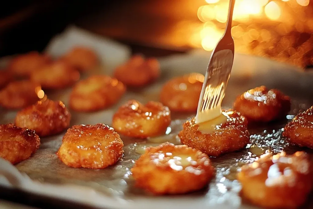 Apple fritters being shaped on parchment paper, brushed with butter, and prepared for baking in a preheated oven.